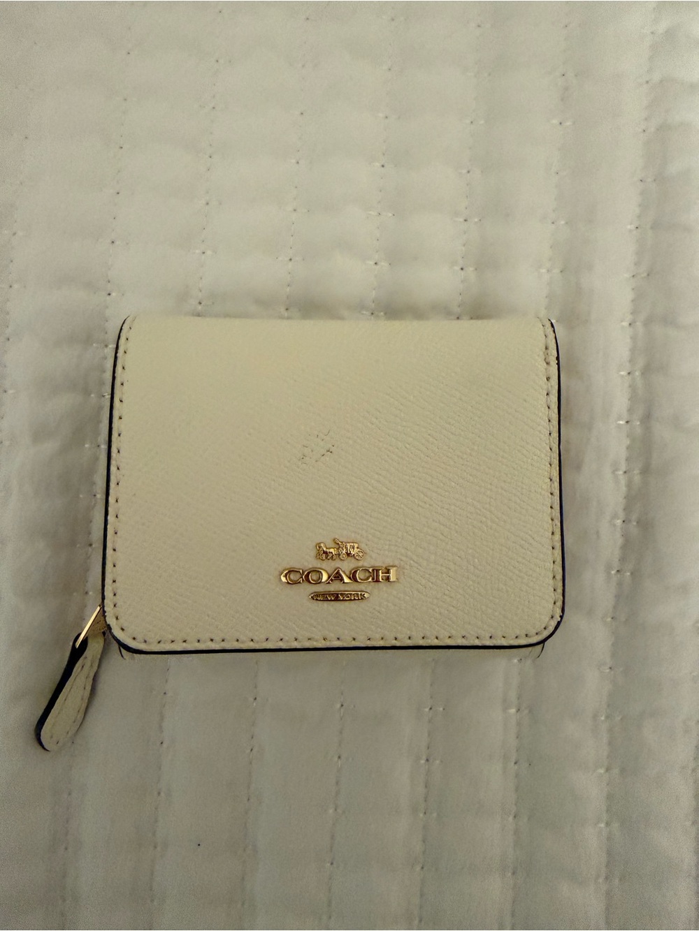 Coach Small Cream Zip Card Holder with Gold Logo
